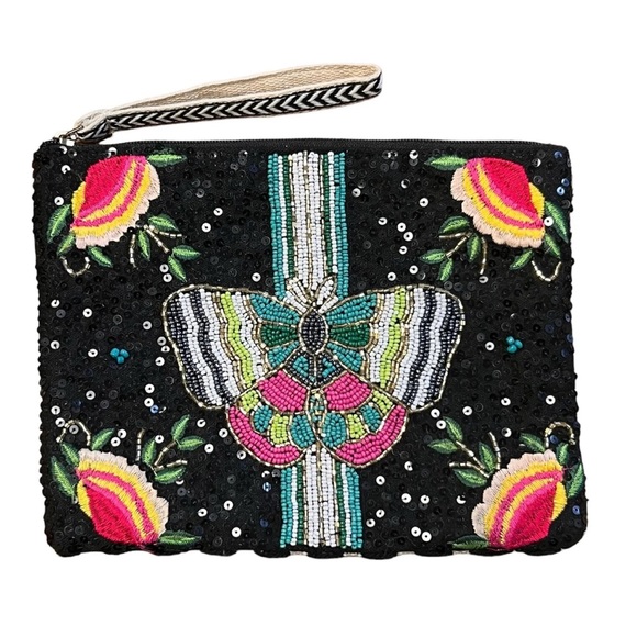 america & beyond Handbags - America Beyond Embellished Sequined Beaded Clutch Wristlet Butterfly Flowers